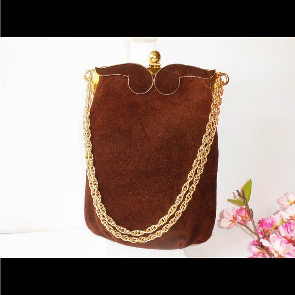 Handbags - Vintage 60s Brown Suede Handbag, Glamorous Brown Suede Purse, Classic Purse